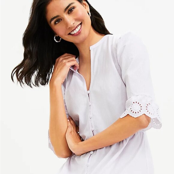 NWT LOFT Striped Eyelet Cuff Tiered Midi Dress - Picture 2 of 3